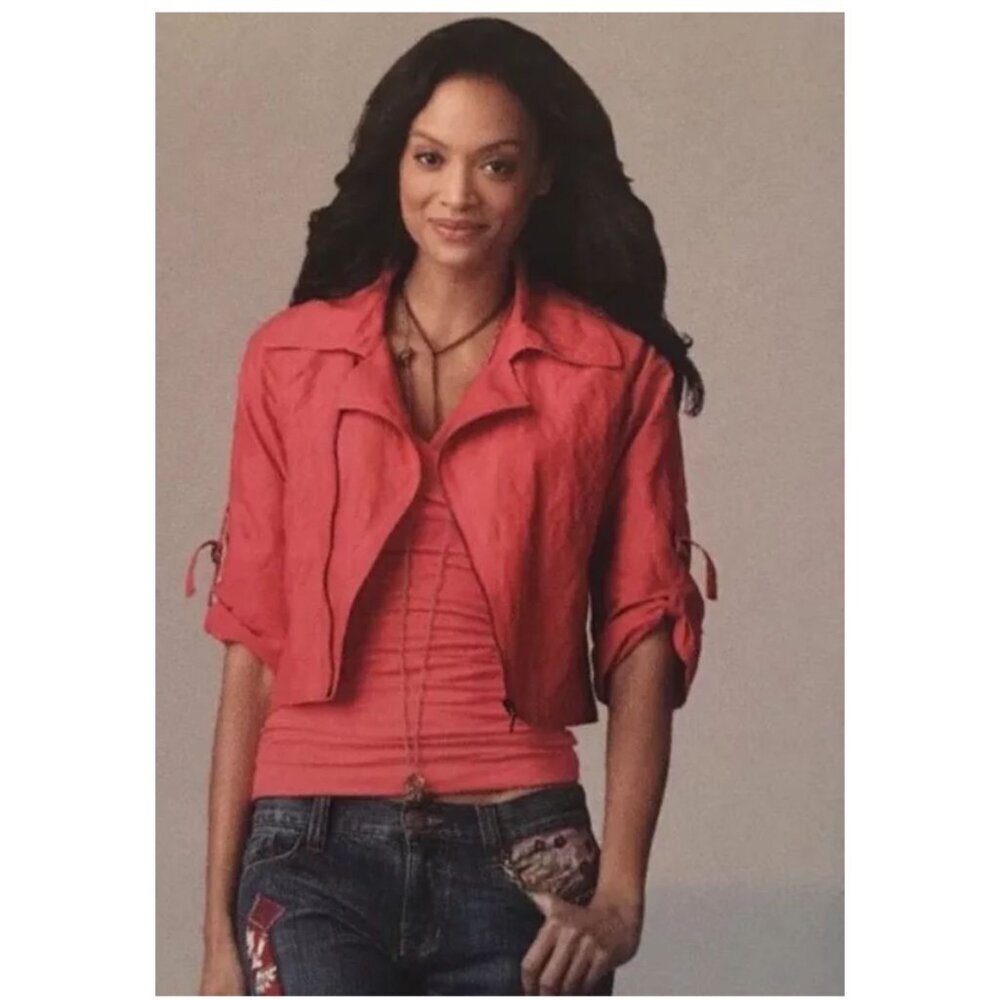 Cabi Coral Zip Front Lightweight Cropped Moto Jacket L Roll Tab Sleeves Pocket